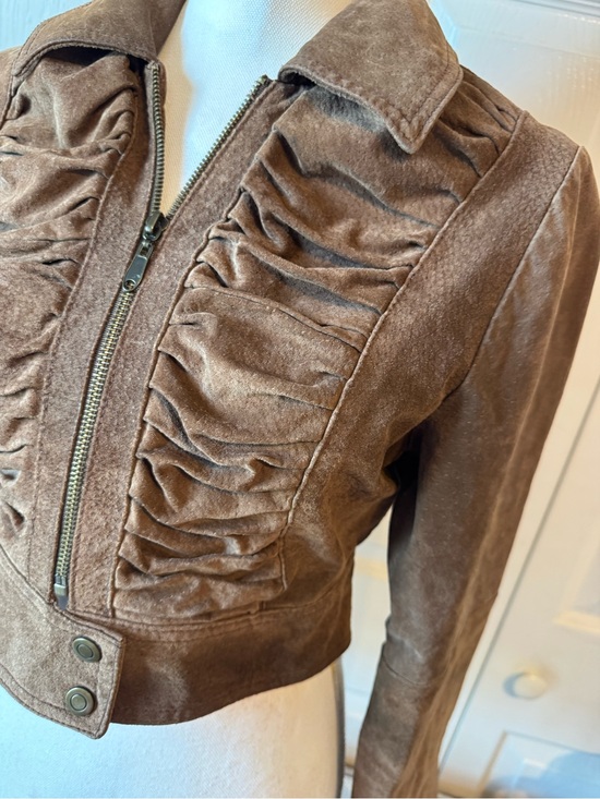 Marcelle Renee Jackets & Blazers - Women's Brown Ruffled Zip-Front Leather Jacket